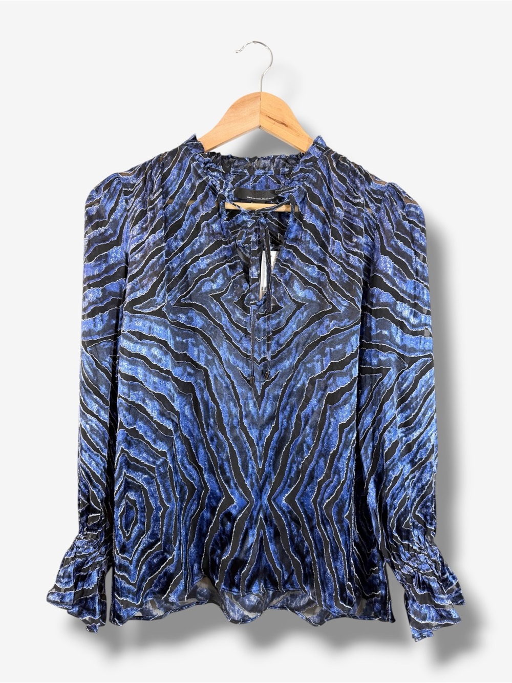 WHBM Blue Silk Zebra Burnout Blouse XS Black Long Sleeve Holiday Dinner Party
